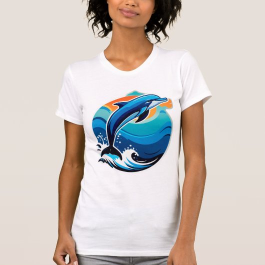 青いイルカが海の波を飛び越える Tシャツ (正面)