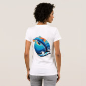 青いイルカが海の波を飛び越える Tシャツ (裏面フル)
