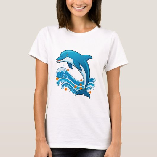 青いイルカが海の波を飛び越える Tシャツ (正面)