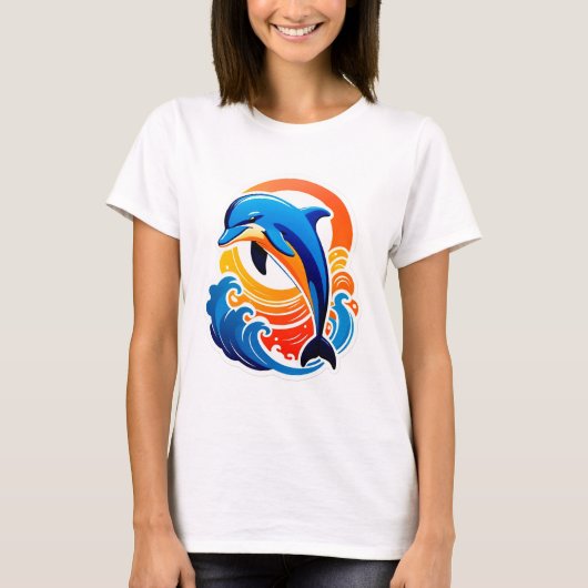 青いイルカが海の波を飛び越える Tシャツ (正面)