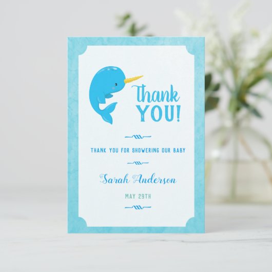青いイルカの赤ちゃんのお祝い感謝祭 サンキューカード (スタンド正面)