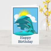 青いイルカの飛び跳ねパーソナライズされた カード (黄色い花)