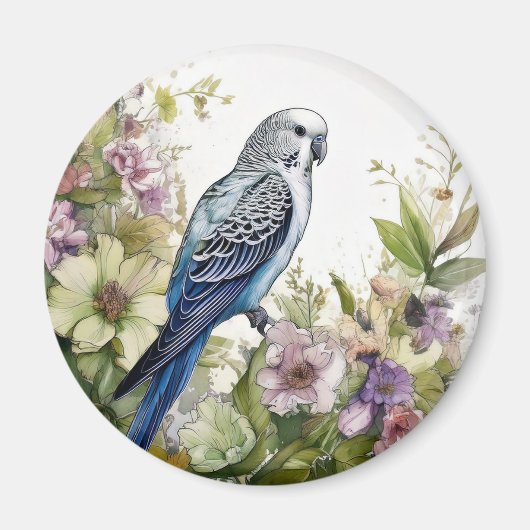 青いインコと花 マグネット (正面)