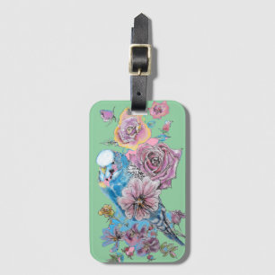 青いインコ グリーンフラワーの水彩 luggage tag ラゲッジタグ