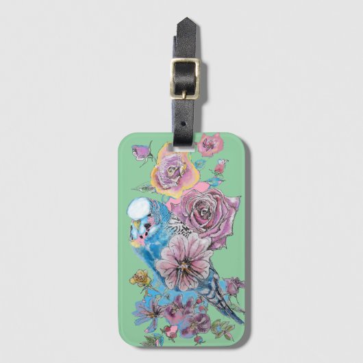 青いインコ グリーンフラワーの水彩 luggage tag ラゲッジタグ (正面縦)