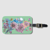 青いインコ グリーンフラワーの水彩 luggage tag ラゲッジタグ (正面横)