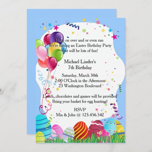 青いイースター誕生会の招待 招待状 (正面/裏面)