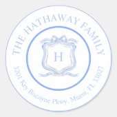 青いウェッジウッド モノグラム クレスト 返送先ラベル ラウンドシール (正面)