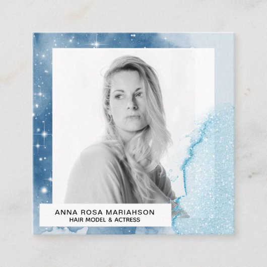 *~*青いウェートカラーのヘアモデル女優が星の写真 スクエア名刺 (正面)