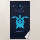 青いウミガメの水色パーソナライズされた ビーチタオル (正面)