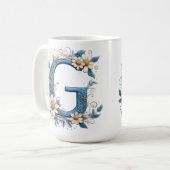 青いエナメルの装飾文字G コーヒーマグカップ (正面左)