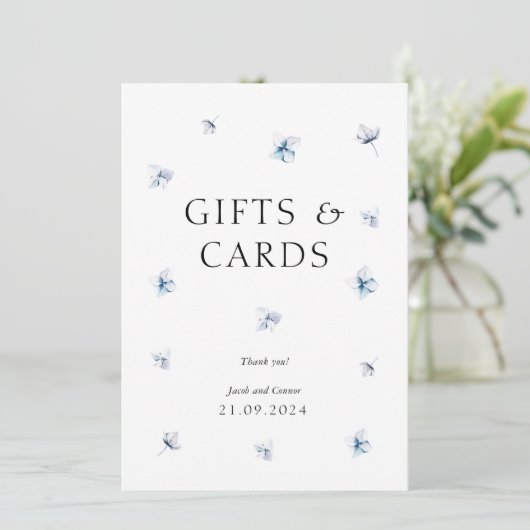 青いエレガントあじさいウェディングギフト&カードサイン 招待状 (スタンド正面)