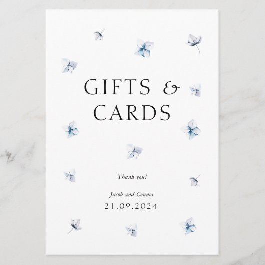 青いエレガントあじさいウェディングギフト&カードサイン 招待状 (正面)
