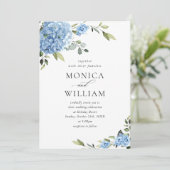 青いエレガントあじさいフローラが一結婚つにまとまっている 招待状 (スタンド正面)