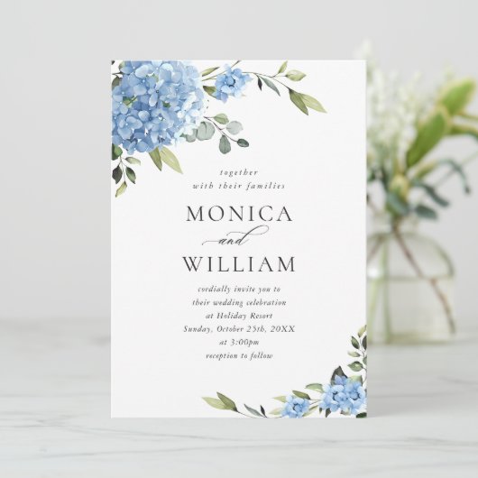 青いエレガントあじさいフローラが一結婚つにまとまっている 招待状 (スタンド正面)