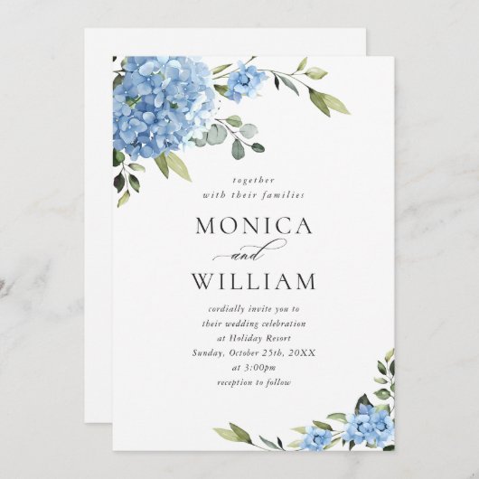 青いエレガントあじさいフローラが一結婚つにまとまっている 招待状 (正面/裏面)