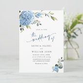 青いエレガントあじさいフローラが一結婚つにまとまっている 招待状 (スタンド正面)