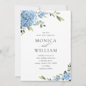 青いエレガントあじさいフローラが一結婚つにまとまっている 招待状 (正面)
