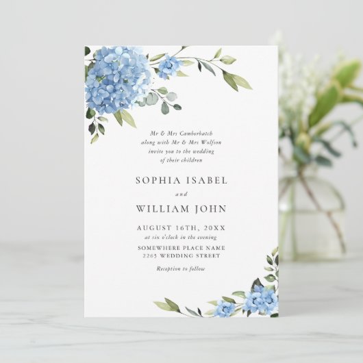 青いエレガントあじさいフローラが一結婚つにまとまっている 招待状 (スタンド正面)