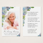 青いエレガントあじさいフローラ写真葬式カード (正面&裏面)