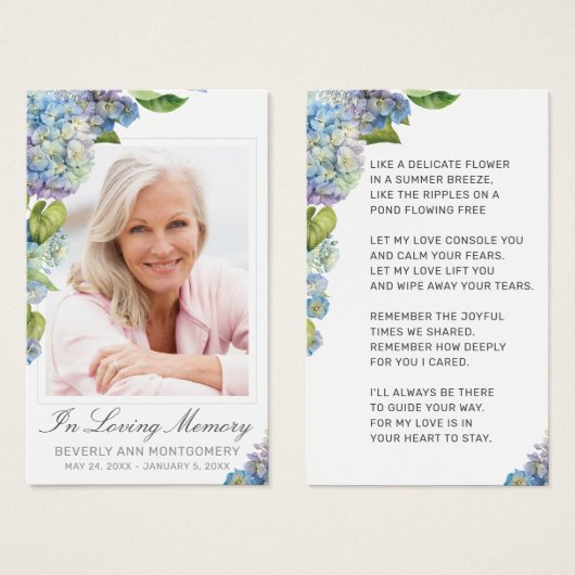 青いエレガントあじさいフローラ写真葬式カード (正面&裏面)