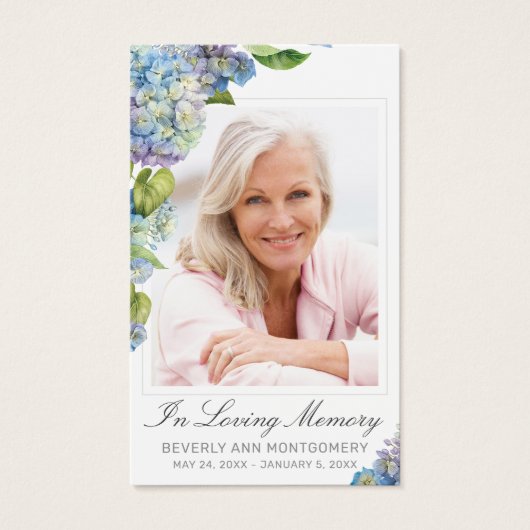 青いエレガントあじさいフローラ写真葬式カード (正面)