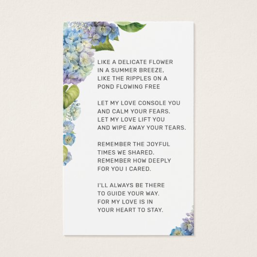 青いエレガントあじさいフローラ写真葬式カード (裏面)