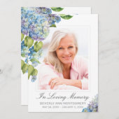 青いエレガントあじさいフローラ写真葬式カード 招待状 (正面/裏面)