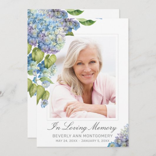 青いエレガントあじさいフローラ写真葬式カード 招待状 (正面/裏面)