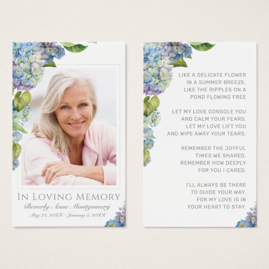 青いエレガントあじさい写真追悼式カード (正面&裏面)