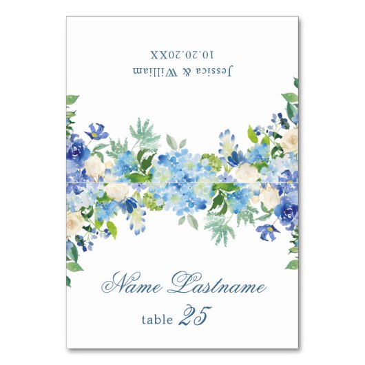 青いエレガントあじさい結婚さんの護衛カード テーブルナンバー (正面)