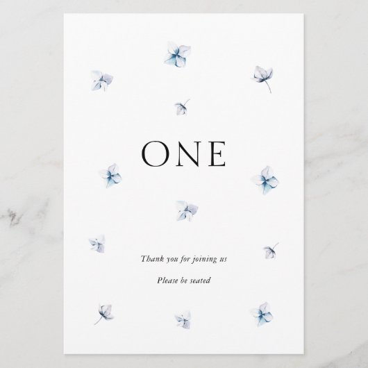 青いエレガントあじさい結婚のテーブル番号名 招待状 (正面)