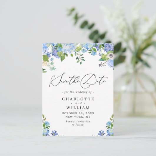 青いエレガントあじさい結婚式の日付を保存 ポストカード (スタンド正面)