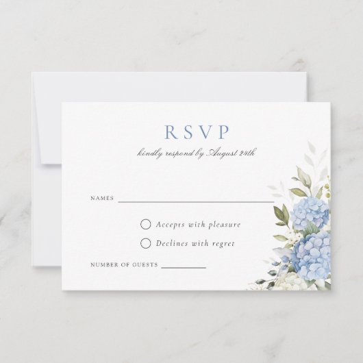 青いエレガントあじさい緑の結婚式RSVPカード 招待状 (正面)