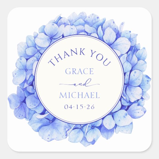 青いエレガントあじさい花結婚の感謝 スクエアシール (正面)