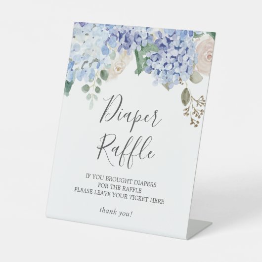 青いエレガントあじさい赤ちゃんシャワーおむつラッフル 台座サイン (正面)