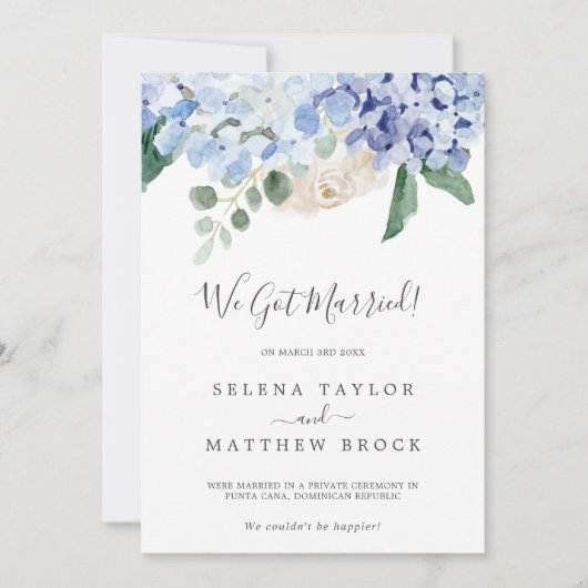 青いエレガントあじさい駆け落ち告知 案内状 (正面)