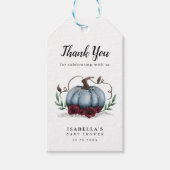 青いエレガントかぼちゃの赤ちゃんシャワーのお願い ギフトタグ (正面)