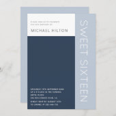 青いエレガントなカラーブロックの少年スイート16 招待状 (正面/裏面)