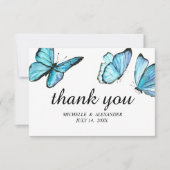 青いエレガントな水彩蝶の感謝 招待状 (正面)