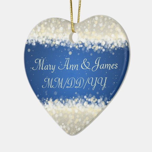 青いエレガントな結婚式の引き出物の眩ます輝き セラミックオーナメント (左)