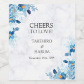 青いエレガントな花の夏の結婚式 ワインラベル (シングルラベル)