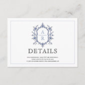 青いエレガントな花の紋章のモノグラム ウェディングディテール エンクロージャーカード (正面)