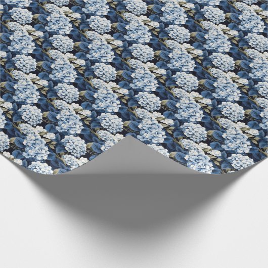 青いエレガントアジサイの花をタイル状に並べた ラッピングペーパー (角)