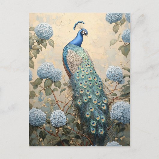 青いエレガントアジサイ油絵の孔雀 ポストカード (正面)