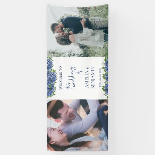 青いエレガントアジサイ2写真の結婚歓迎 横断幕 (縦)