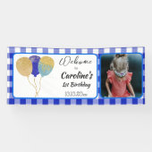 青いエレガントギンガムグリッターバルーン1st誕生日 横断幕 (横)