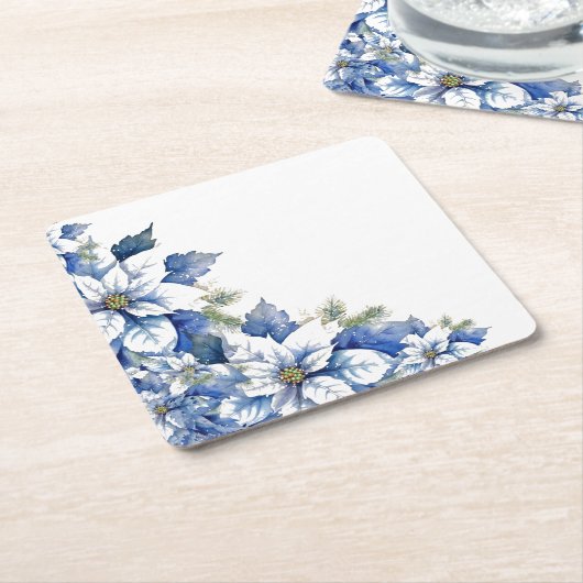 青いエレガントクリスマスポインセチア スクエアペーパーコースター (アングル)