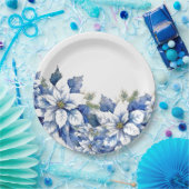 青いエレガントクリスマスポインセチア ペーパープレート (パーティー)