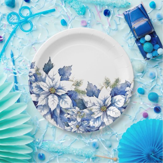 青いエレガントクリスマスポインセチア ペーパープレート (パーティー)